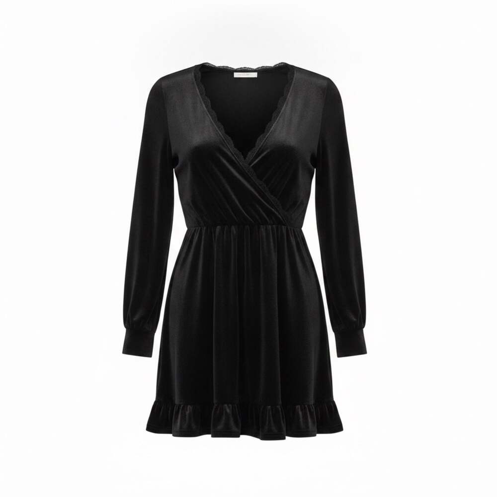 SHEIN Womens Black Velvet Lace Trim Mini Dress Medium